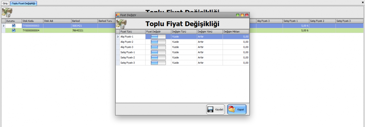 Toplu fiyat değişikliği